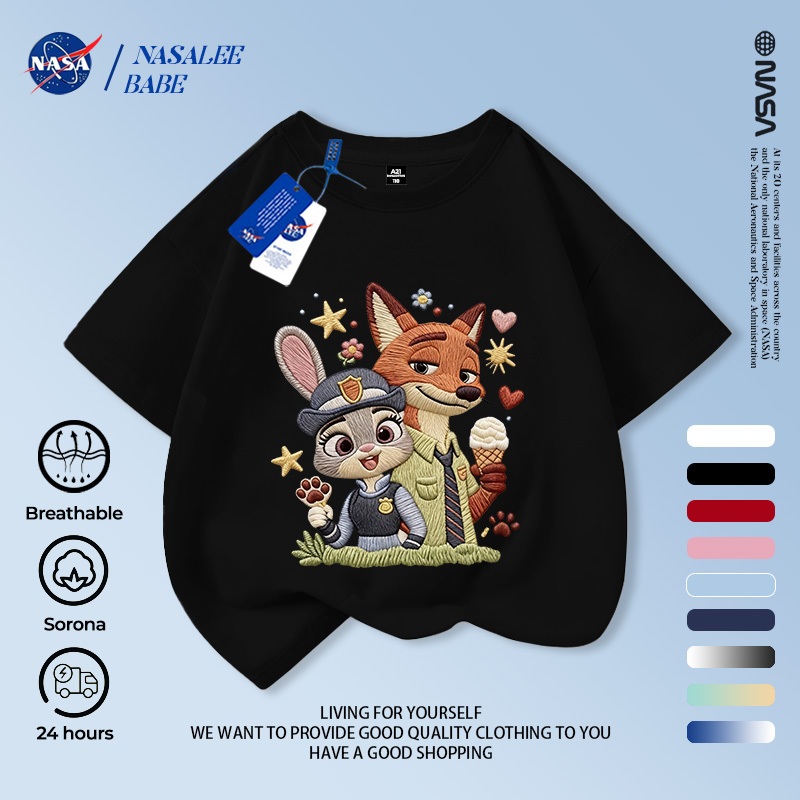 Áo thun trẻ em NASA Judy Nick giả tay ngắn sọc thêu | Sorona Vải Thoáng Khí Không Nhồi Bông
