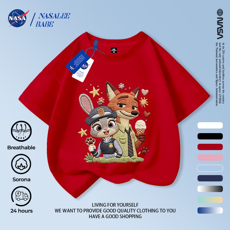 Áo thun trẻ em NASA Judy Nick giả tay ngắn sọc thêu | Sorona Vải Thoáng Khí Không Nhồi Bông