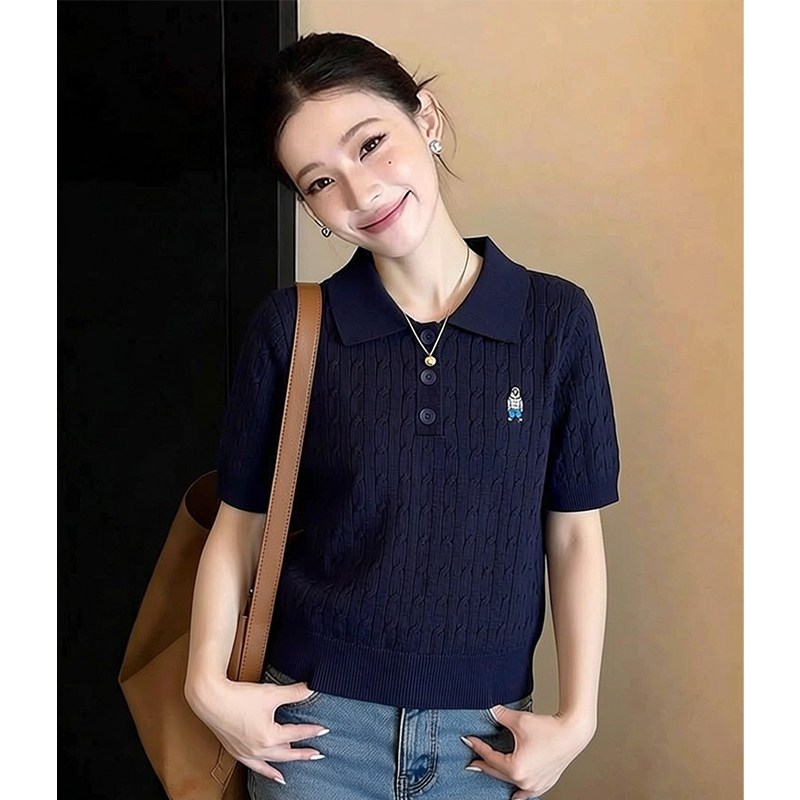 SUXI Áo sơ mi Polo thêu hình gấu mùa hè dành cho nữ 250327