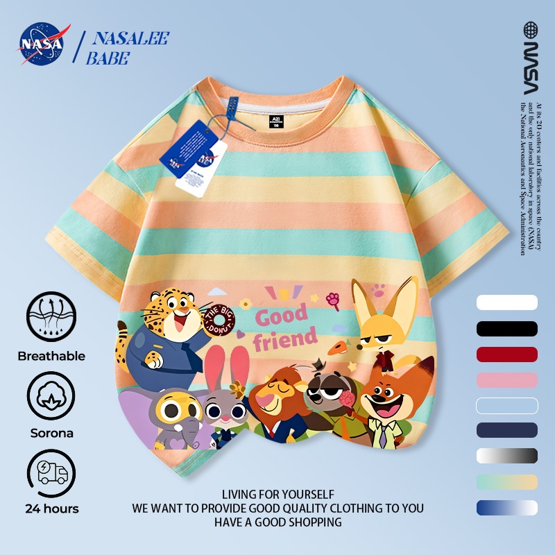 Áo thun tay ngắn in hình hoạt hình Disney của NASA, đồ trẻ em, chất liệu cotton thoáng khí, giao hàng trong 24 giờ.