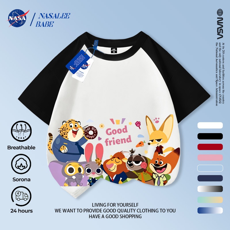 Áo thun tay ngắn in hình hoạt hình Disney của NASA, đồ trẻ em, chất liệu cotton thoáng khí, giao hàng trong 24 giờ.