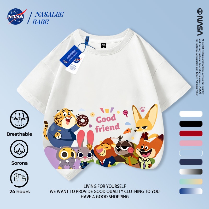 Áo thun tay ngắn in hình hoạt hình Disney của NASA, đồ trẻ em, chất liệu cotton thoáng khí, giao hàng trong 24 giờ.
