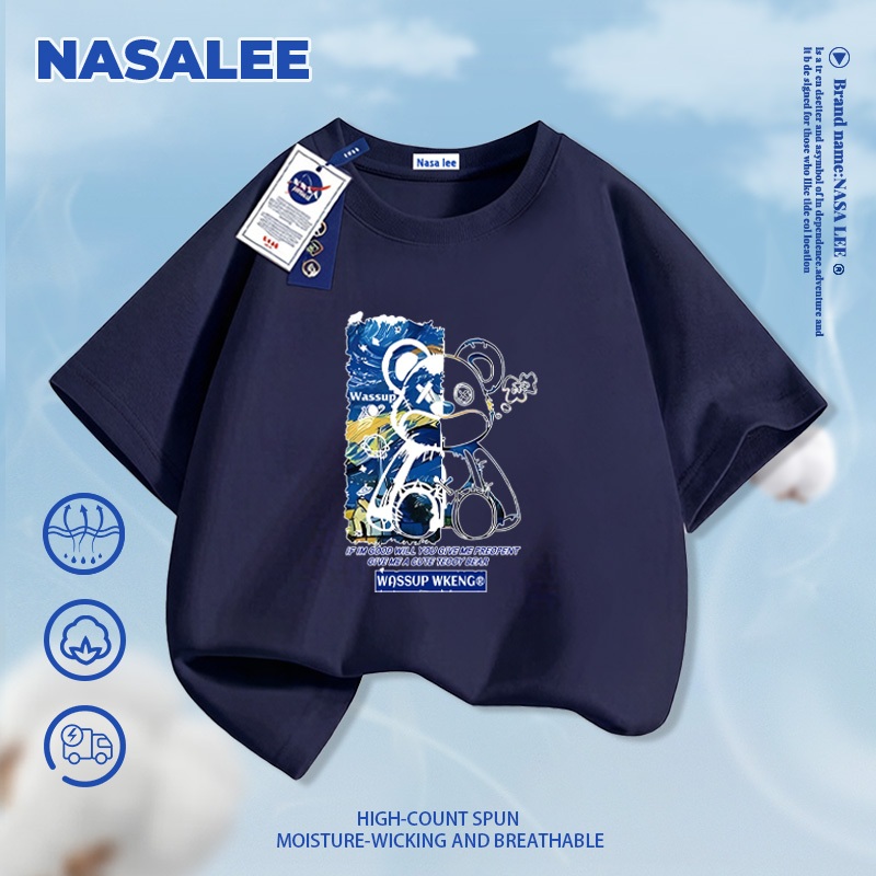 [Giao hàng trong ngày] Áo thun ngắn tay đen thương hiệu NASA cho trẻ em, chất liệu cotton thoáng khí thoải mái, phong cách thời trang họa tiết chú gấu ngầu dành cho bé trai và bé gái