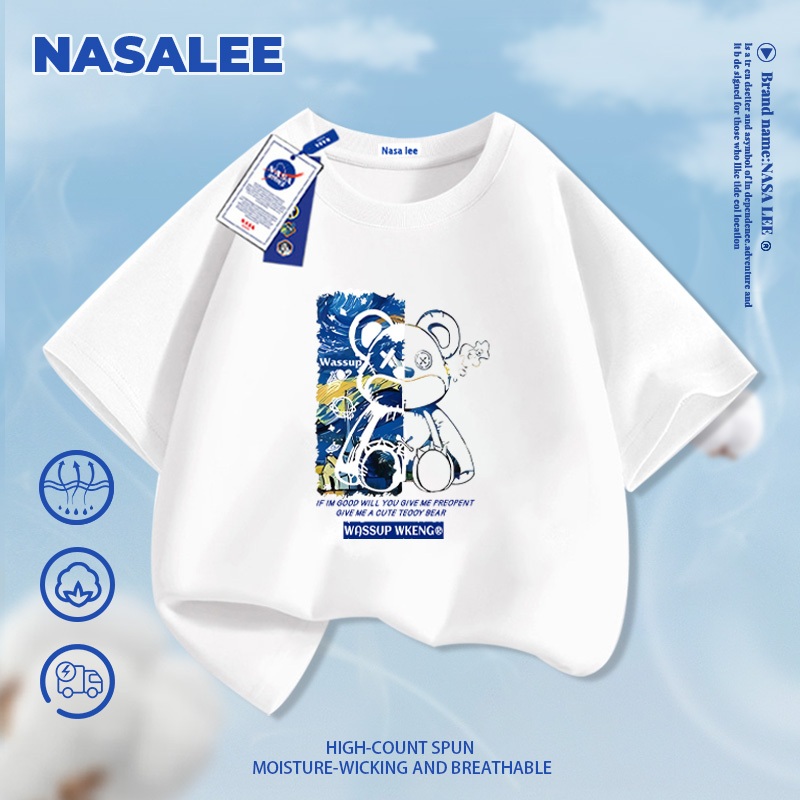 [Giao hàng trong ngày] Áo thun ngắn tay đen thương hiệu NASA cho trẻ em, chất liệu cotton thoáng khí thoải mái, phong cách thời trang họa tiết chú gấu ngầu dành cho bé trai và bé gái
