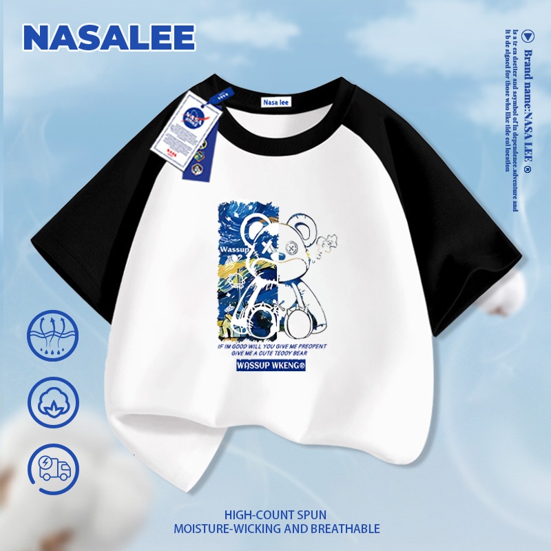 [Giao hàng trong ngày] Áo thun ngắn tay đen thương hiệu NASA cho trẻ em, chất liệu cotton thoáng khí thoải mái, phong cách thời trang họa tiết chú gấu ngầu dành cho bé trai và bé gái