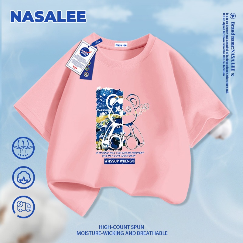 [Giao hàng trong ngày] Áo thun ngắn tay đen thương hiệu NASA cho trẻ em, chất liệu cotton thoáng khí thoải mái, phong cách thời trang họa tiết chú gấu ngầu dành cho bé trai và bé gái