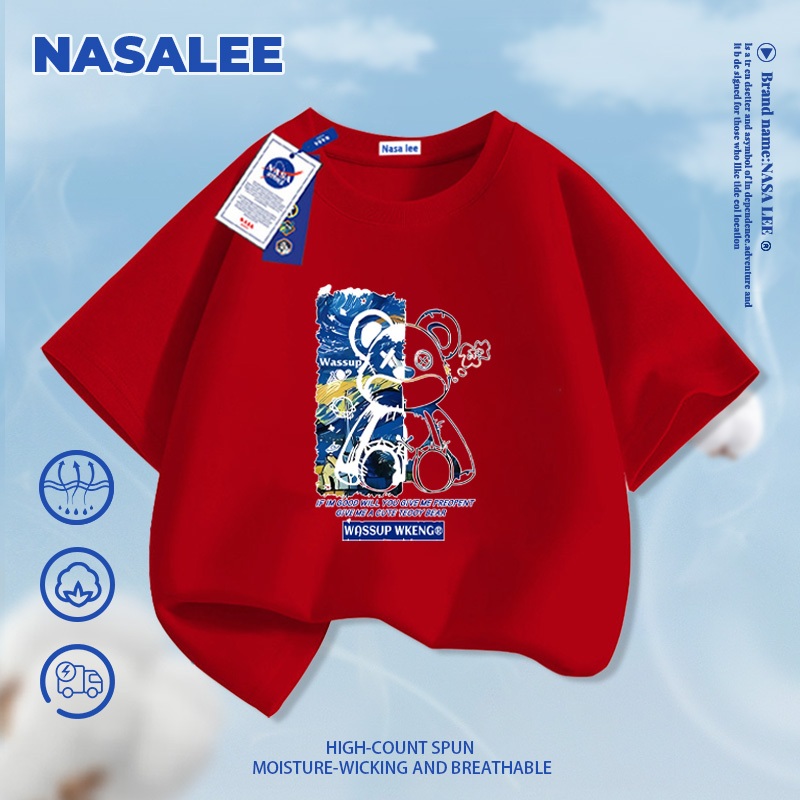 [Giao hàng trong ngày] Áo thun ngắn tay đen thương hiệu NASA cho trẻ em, chất liệu cotton thoáng khí thoải mái, phong cách thời trang họa tiết chú gấu ngầu dành cho bé trai và bé gái