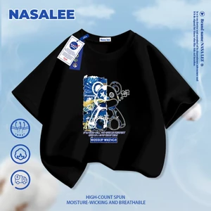 Áo thun ngắn tay đen thương hiệu NASA cho trẻ em, chất liệu cotton thoáng khí thoải mái, phong cách thời trang họa tiết chú gấu ngầu dành cho bé trai và bé gái