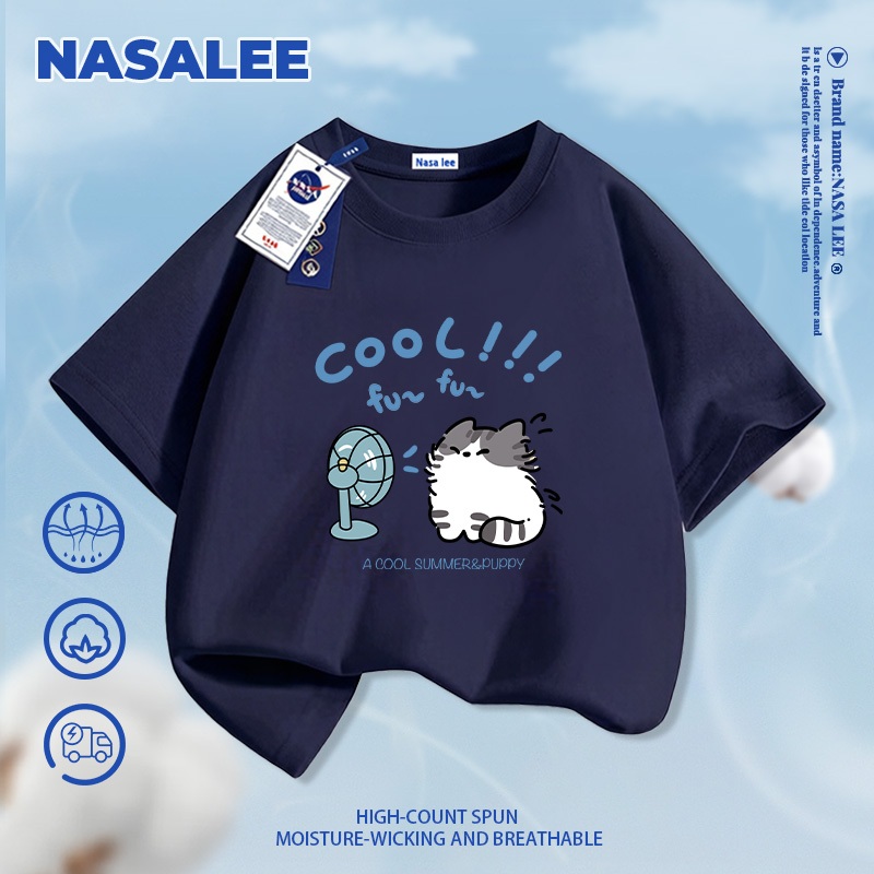 [Giao hàng trong ngày] Áo thun ngắn tay xanh nhạt thương hiệu NASA cho trẻ em, chất liệu cotton thoáng khí thoải mái, phong cách thời trang họa tiết mèo bay trong gió dành cho bé trai và bé gái