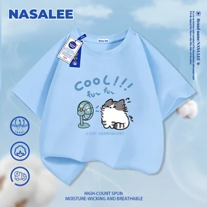 Áo thun ngắn tay xanh nhạt thương hiệu NASA cho trẻ em, chất liệu cotton thoáng khí thoải mái, phong cách thời trang họa tiết mèo bay trong gió dành cho bé trai và bé gái