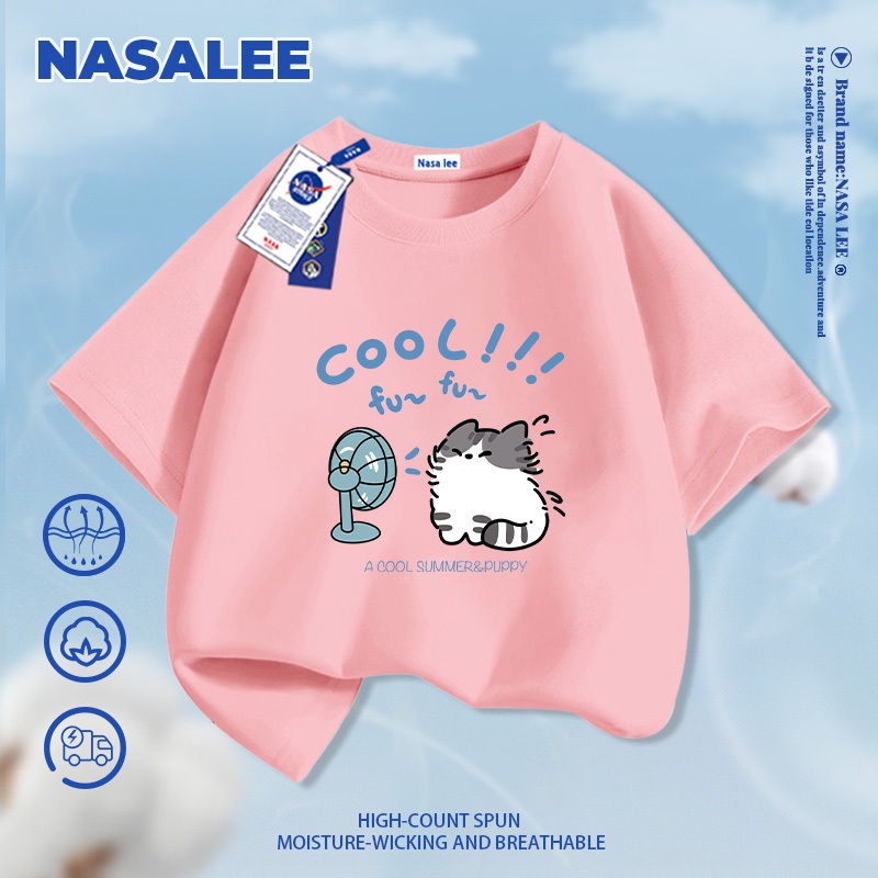 [Giao hàng trong ngày] Áo thun ngắn tay xanh nhạt thương hiệu NASA cho trẻ em, chất liệu cotton thoáng khí thoải mái, phong cách thời trang họa tiết mèo bay trong gió dành cho bé trai và bé gái