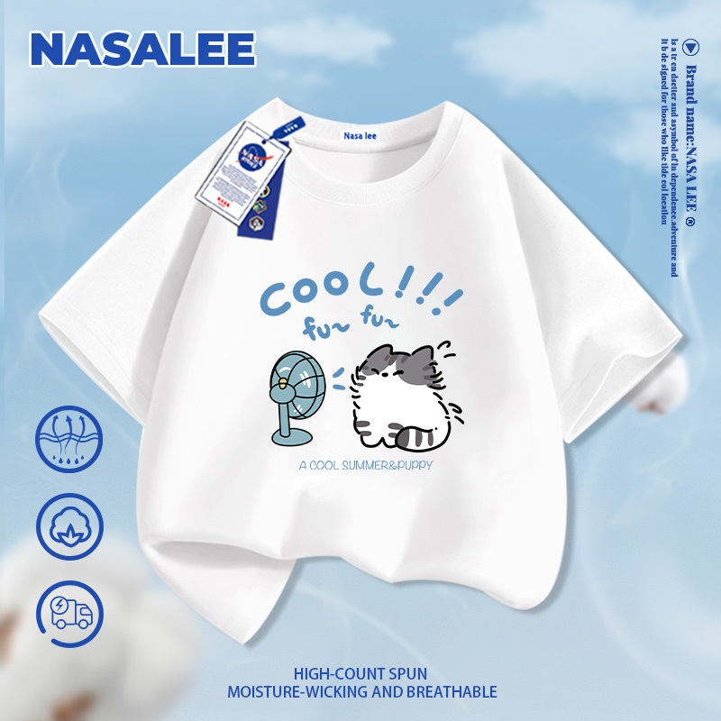 [Giao hàng trong ngày] Áo thun ngắn tay xanh nhạt thương hiệu NASA cho trẻ em, chất liệu cotton thoáng khí thoải mái, phong cách thời trang họa tiết mèo bay trong gió dành cho bé trai và bé gái