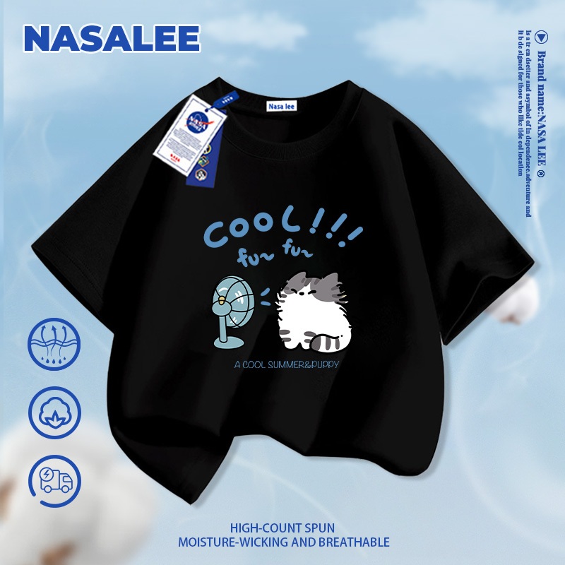 [Giao hàng trong ngày] Áo thun ngắn tay xanh nhạt thương hiệu NASA cho trẻ em, chất liệu cotton thoáng khí thoải mái, phong cách thời trang họa tiết mèo bay trong gió dành cho bé trai và bé gái