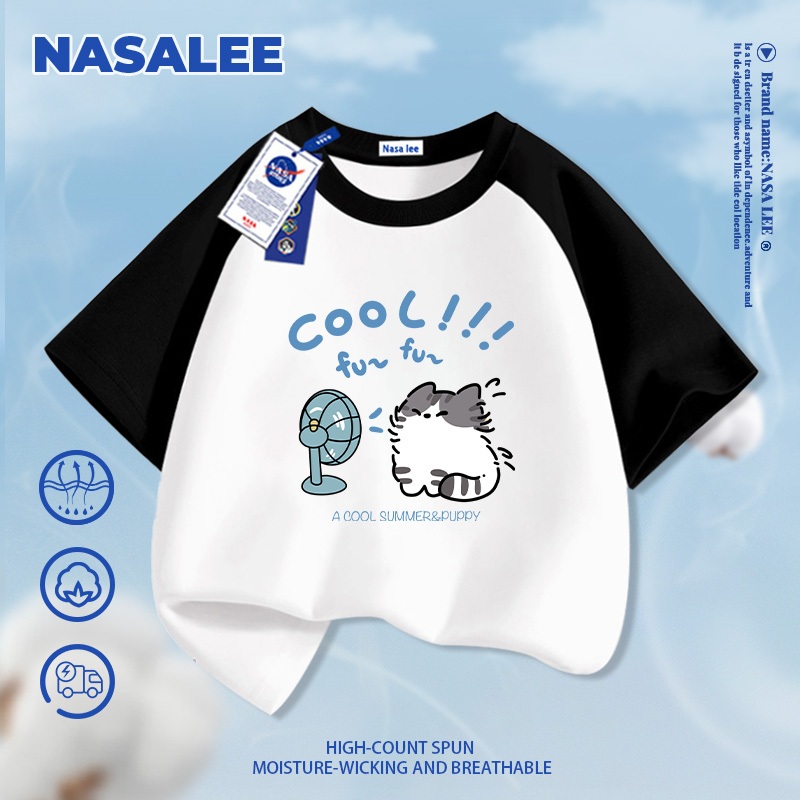 [Giao hàng trong ngày] Áo thun ngắn tay xanh nhạt thương hiệu NASA cho trẻ em, chất liệu cotton thoáng khí thoải mái, phong cách thời trang họa tiết mèo bay trong gió dành cho bé trai và bé gái