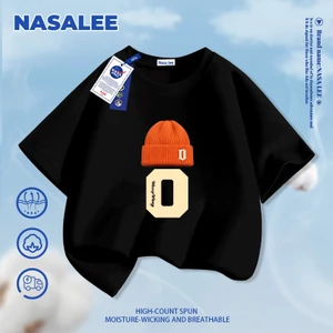 Áo thun ngắn tay cotton màu đen thương hiệu NASA cho trẻ em, phong cách thời trang Mỹ in hình mũ lưỡi trai, dành cho bé trai và bé gái 3-16 tuổi, áo thun dáng rộng thoải mái