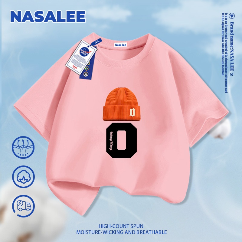[Giao hàng trong ngày] Áo thun ngắn tay cotton màu đen thương hiệu NASA cho trẻ em, phong cách thời trang Mỹ in hình mũ lưỡi trai, dành cho bé trai và bé gái 3-16 tuổi, áo thun dáng rộng thoải mái