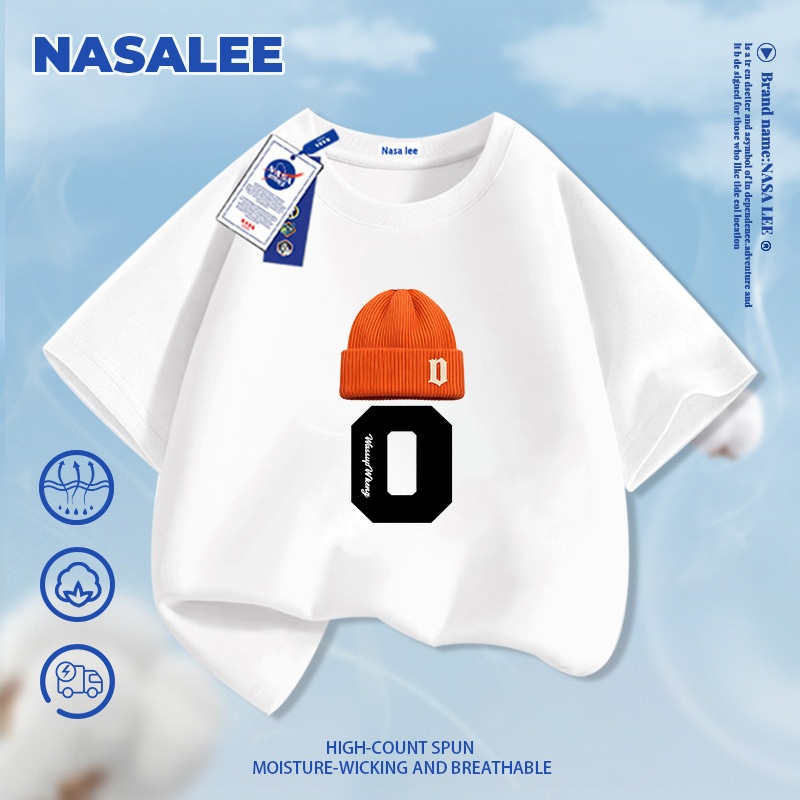 [Giao hàng trong ngày] Áo thun ngắn tay cotton màu đen thương hiệu NASA cho trẻ em, phong cách thời trang Mỹ in hình mũ lưỡi trai, dành cho bé trai và bé gái 3-16 tuổi, áo thun dáng rộng thoải mái