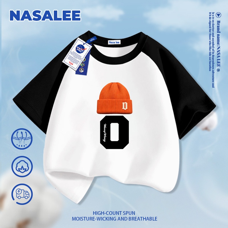 [Giao hàng trong ngày] Áo thun ngắn tay cotton màu đen thương hiệu NASA cho trẻ em, phong cách thời trang Mỹ in hình mũ lưỡi trai, dành cho bé trai và bé gái 3-16 tuổi, áo thun dáng rộng thoải mái