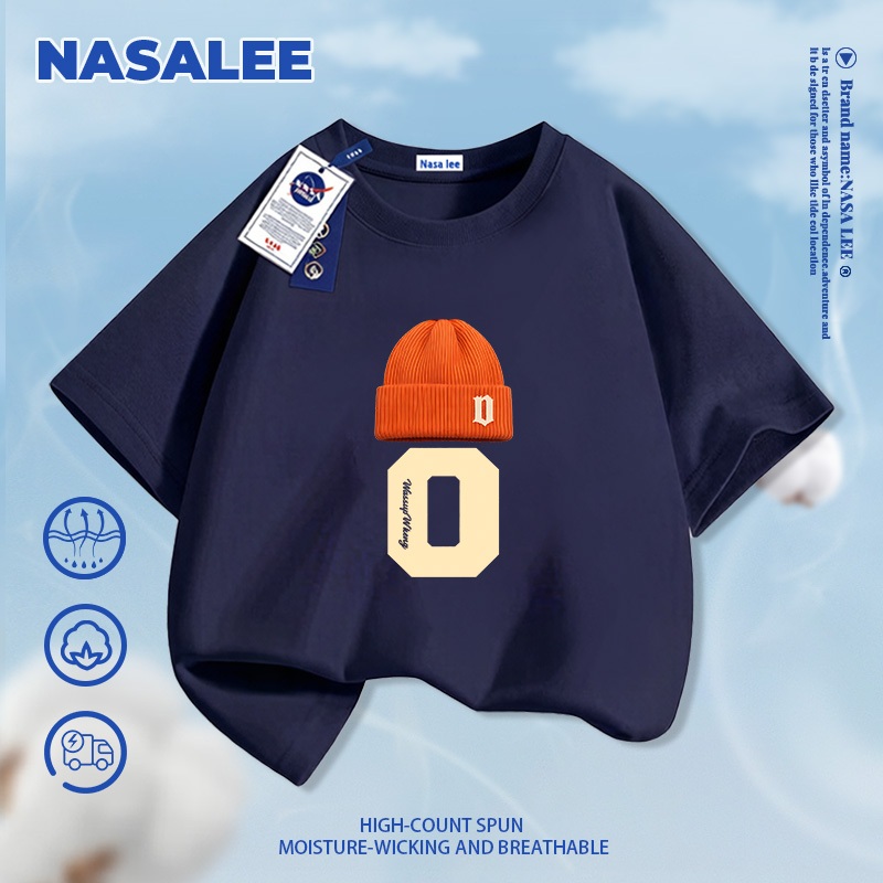 [Giao hàng trong ngày] Áo thun ngắn tay cotton màu đen thương hiệu NASA cho trẻ em, phong cách thời trang Mỹ in hình mũ lưỡi trai, dành cho bé trai và bé gái 3-16 tuổi, áo thun dáng rộng thoải mái