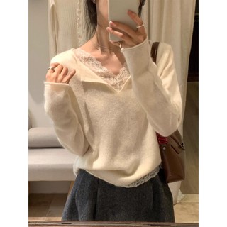 Ren Khâu Cổ Chữ V Trắng Dài Tay Dệt Kim Đáy Áo Sơ Mi Nữ Thu Đông Thiết Kế Đẹp Cảm Thấy Đẹp