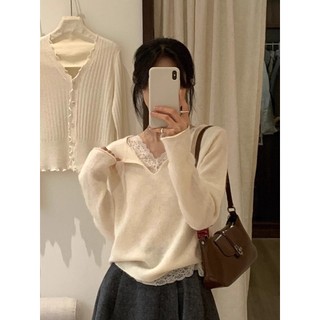Ren Khâu Cổ Chữ V Trắng Dài Tay Dệt Kim Đáy Áo Sơ Mi Nữ Thu Đông Thiết Kế Đẹp Cảm Thấy Đẹp