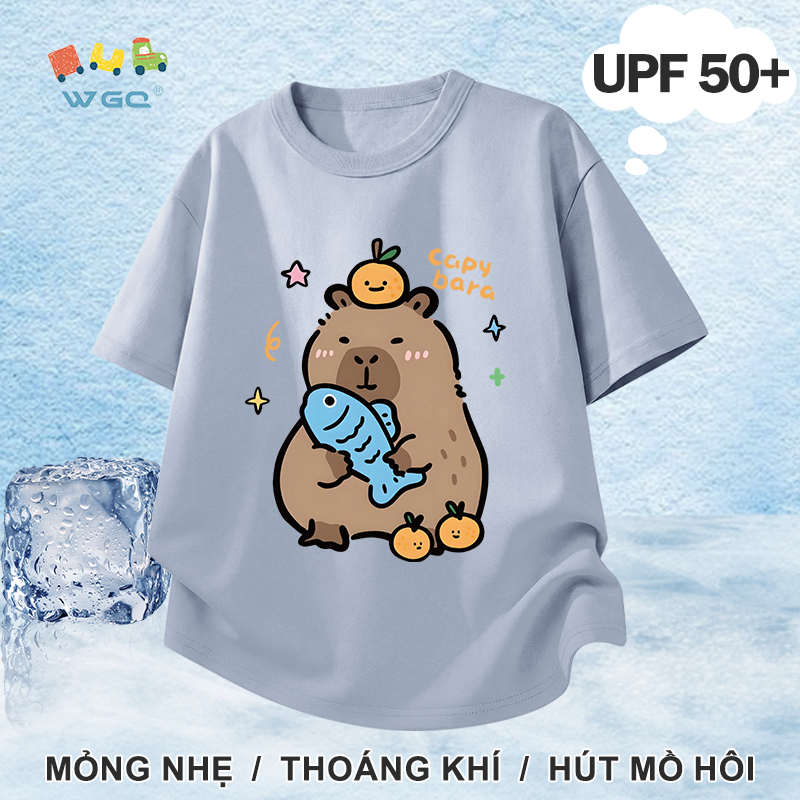 W.G.Q Áo thun bé gái / bé trai，Phong cách mới mùa hè với in capybara，có chức năng chống nắng UPF50 +，Thoải mái mát mẻ，hấp thụ mồ hôi thoáng khí