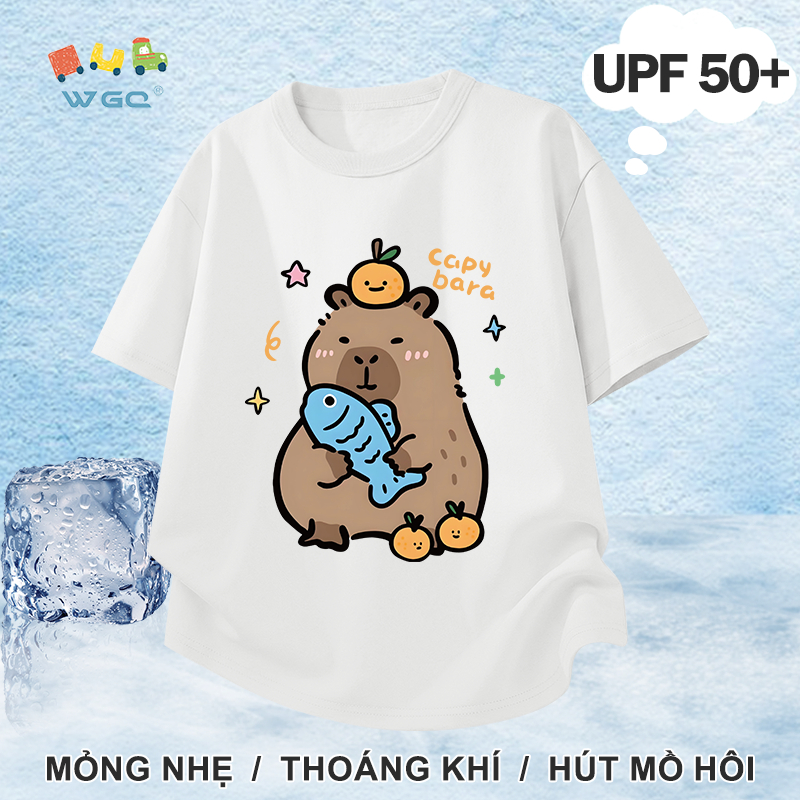 W.G.Q Áo thun bé gái / bé trai，Phong cách mới mùa hè với in capybara，có chức năng chống nắng UPF50 +，Thoải mái mát mẻ，hấp thụ mồ hôi thoáng khí