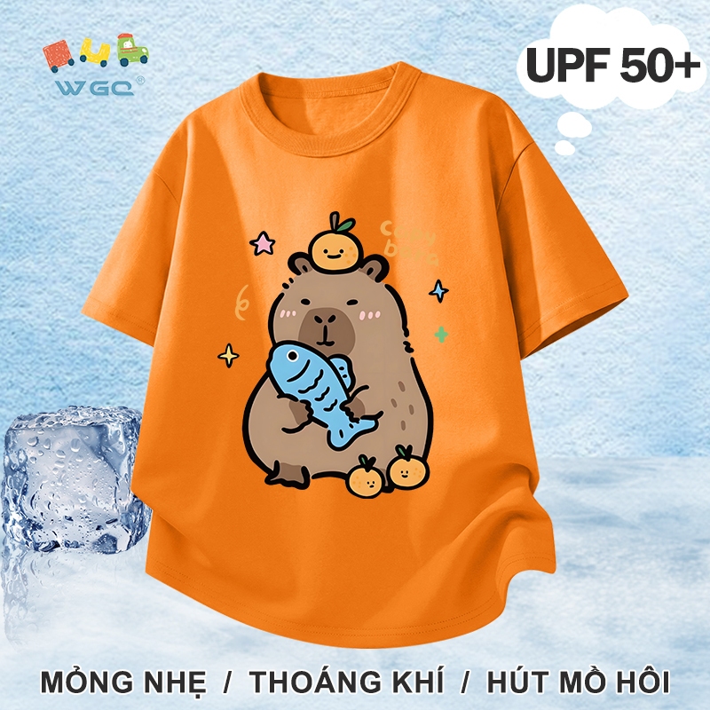 W.G.Q Áo thun bé gái / bé trai，Phong cách mới mùa hè với in capybara，có chức năng chống nắng UPF50 +，Thoải mái mát mẻ，hấp thụ mồ hôi thoáng khí