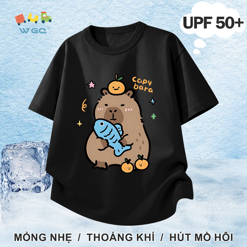 W.G.Q Áo thun bé gái / bé trai，Phong cách mới mùa hè với in capybara，có chức năng chống nắng UPF50 +，Thoải mái mát mẻ，hấp thụ mồ hôi thoáng khí