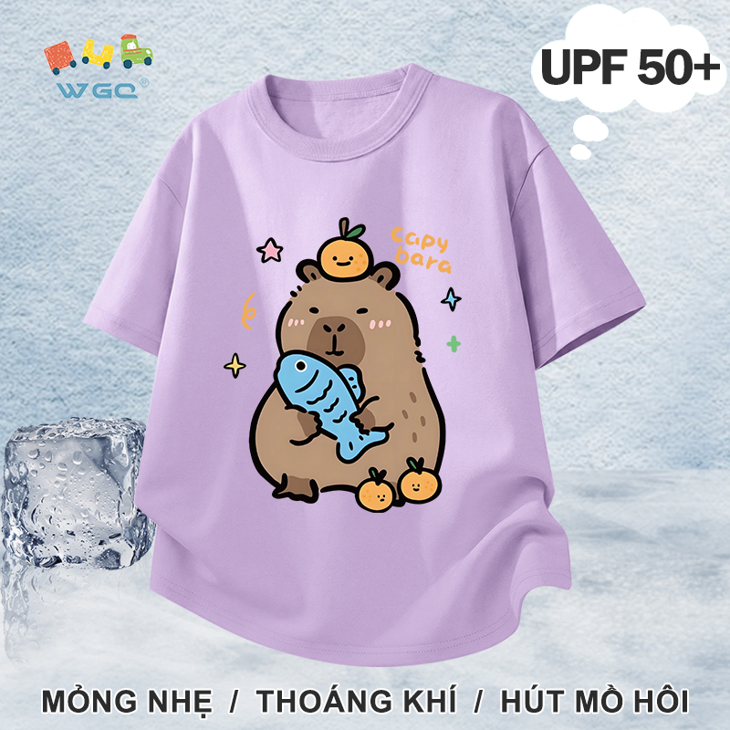 W.G.Q Áo thun bé gái / bé trai，Phong cách mới mùa hè với in capybara，có chức năng chống nắng UPF50 +，Thoải mái mát mẻ，hấp thụ mồ hôi thoáng khí