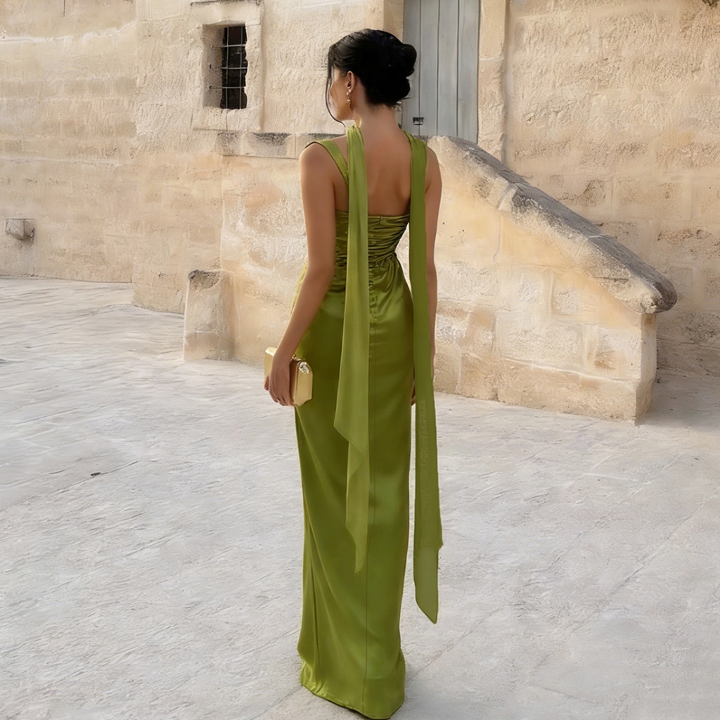 Cutenew Sling Skinny Cleavage Váy Maxi Hình Eo Nhìn Ôm Hơn Ruy Băng Thiết Kế Nữ Mùa Hè Thanh Lịch Tiệc Phong Cách
