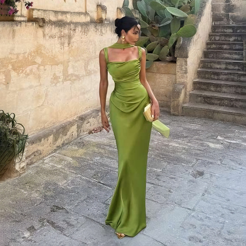 Cutenew Sling Skinny Cleavage Váy Maxi Hình Eo Nhìn Ôm Hơn Ruy Băng Thiết Kế Nữ Mùa Hè Thanh Lịch Tiệc Phong Cách