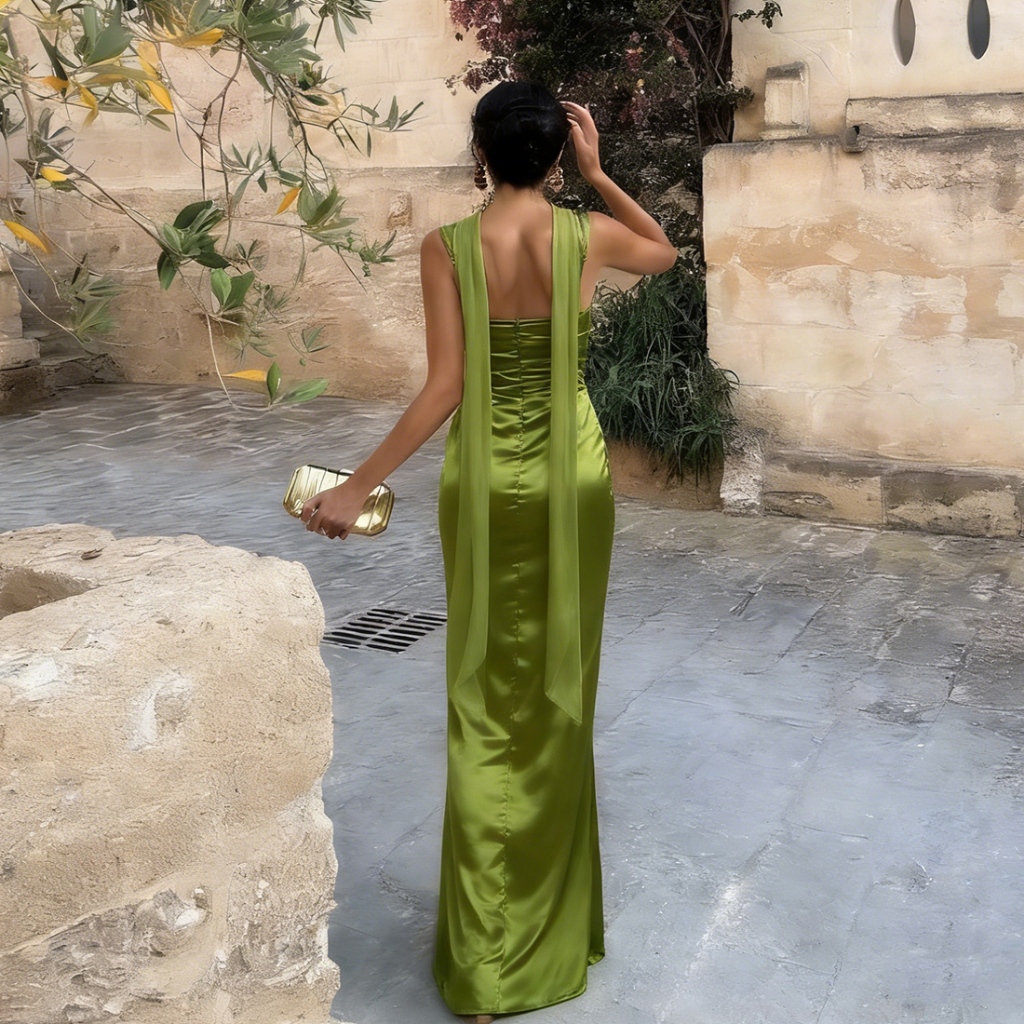 Cutenew Sling Skinny Cleavage Váy Maxi Hình Eo Nhìn Ôm Hơn Ruy Băng Thiết Kế Nữ Mùa Hè Thanh Lịch Tiệc Phong Cách