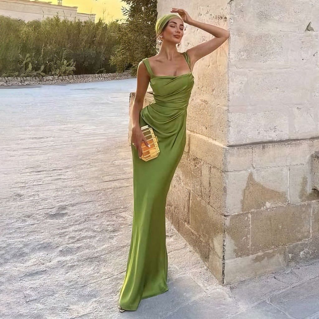 Cutenew Sling Skinny Cleavage Váy Maxi Hình Eo Nhìn Ôm Hơn Ruy Băng Thiết Kế Nữ Mùa Hè Thanh Lịch Tiệc Phong Cách