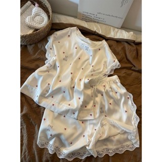 Bộ đồ ngủ cổ tròn ngọt ngào dành cho nữ ren ngắn tay