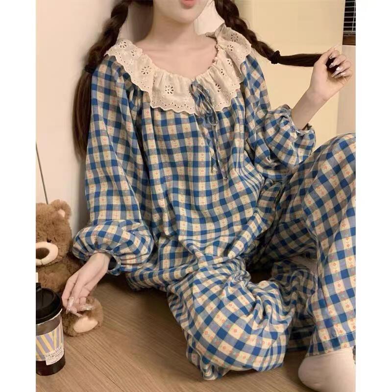 【HOT】Bộ Đồ Ngủ Hàn Quốc Dài Tay Dài Chân Bằng Cotton - Kiểu Dáng Ngọt Ngào, Đăng Ten Xinh Xắn & Cá Tính Thời Thượng | Freeship