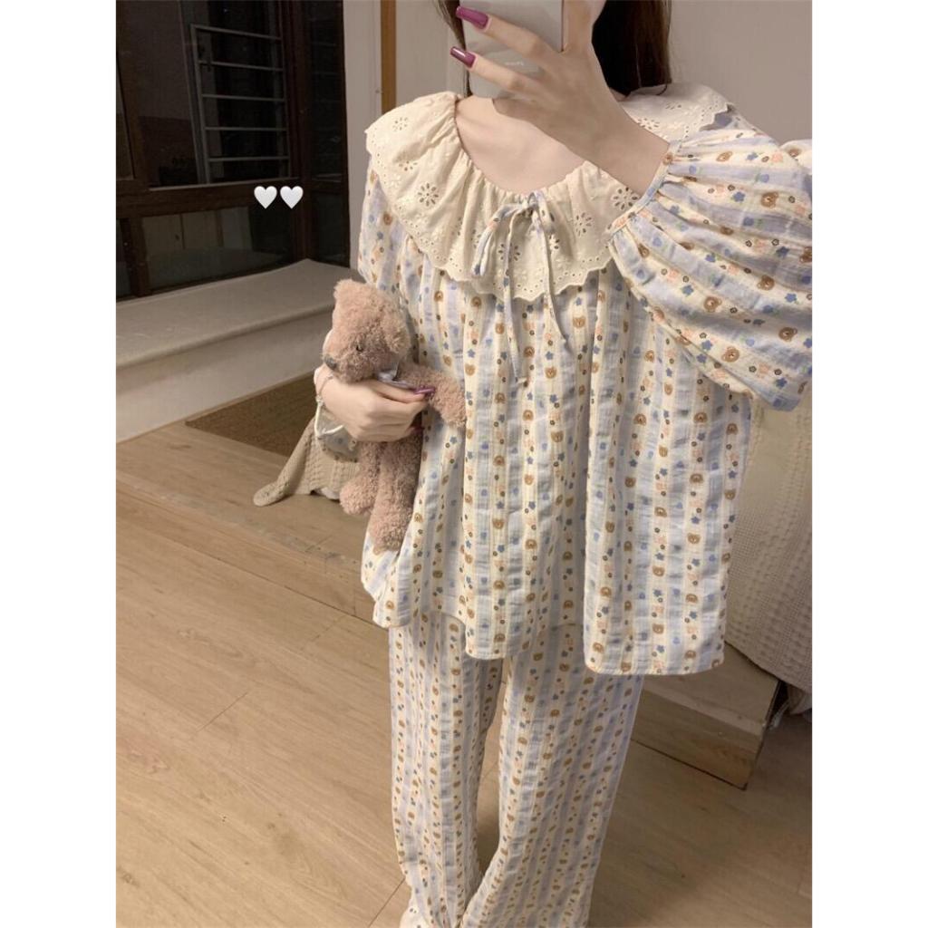 【HOT】Bộ Đồ Ngủ Hàn Quốc Dài Tay Dài Chân Bằng Cotton - Kiểu Dáng Ngọt Ngào, Đăng Ten Xinh Xắn & Cá Tính Thời Thượng | Freeship