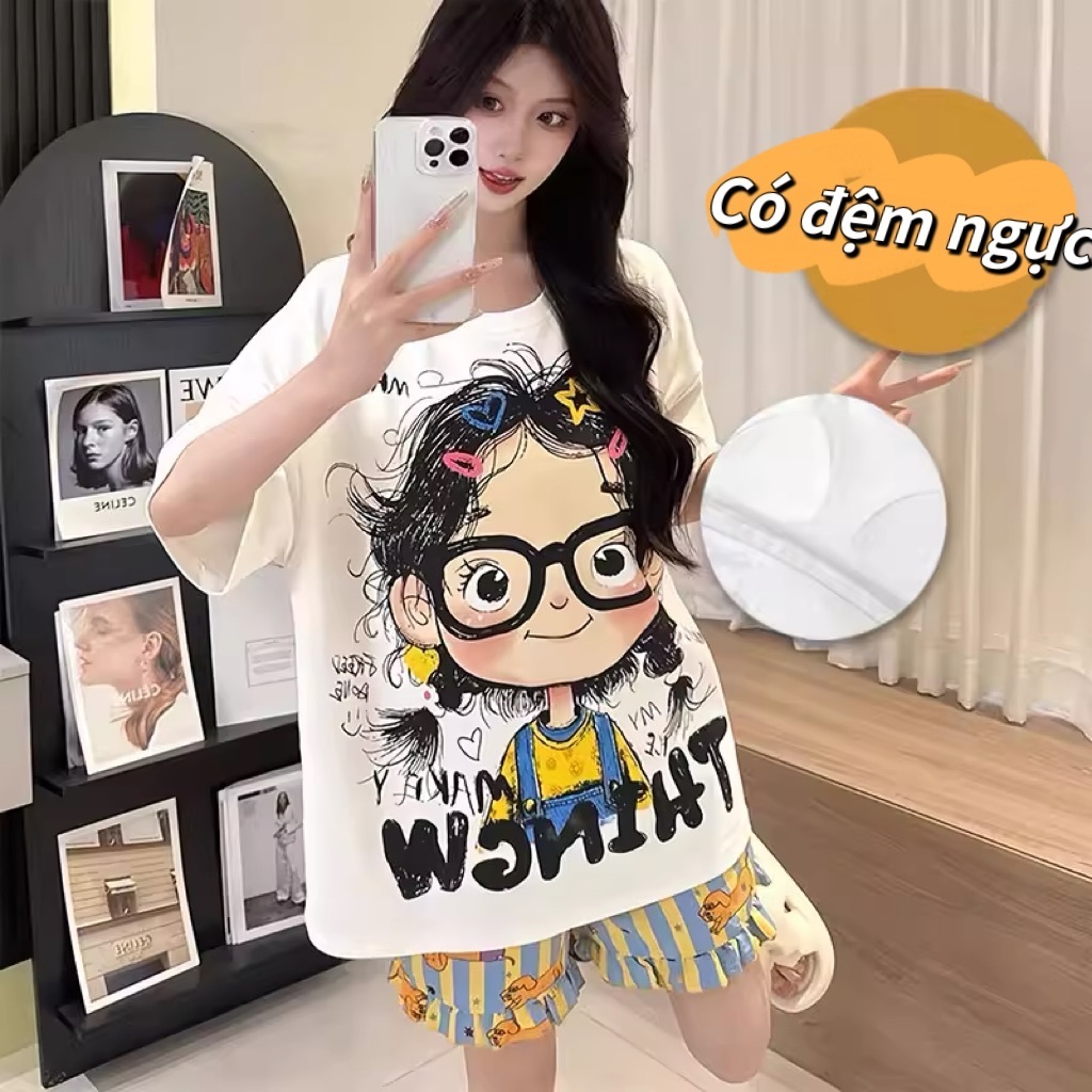 【Bông 100% + Miếng lót】Bộ đồ ngủ hè mỏng – In hoạt hình xinh xắn – Phong cách ngọt ngào – Tay ngắn + quần short – Mặc được quanh năm – Đồ mặc nhà nữ