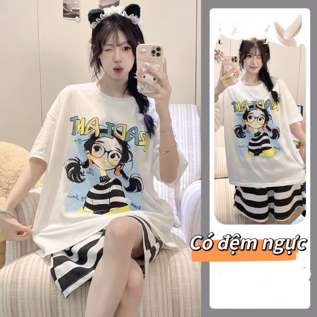 【Bông 100% + Miếng lót】Bộ đồ ngủ hè mỏng – In hoạt hình xinh xắn – Phong cách ngọt ngào – Tay ngắn + quần short – Mặc được quanh năm – Đồ mặc nhà nữ