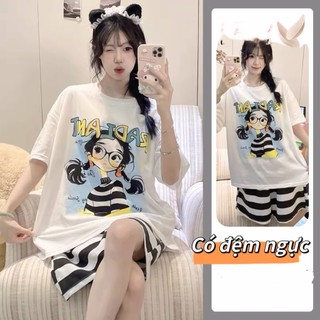 【Học sinh】【Có độn ngực】Bộ đồ ngủ nữ dễ thương mới xuân hè 2026: Áo cổ tròn cotton mát in hình xinh xắn【mặc nhà hay dạo phố đều đẹp】