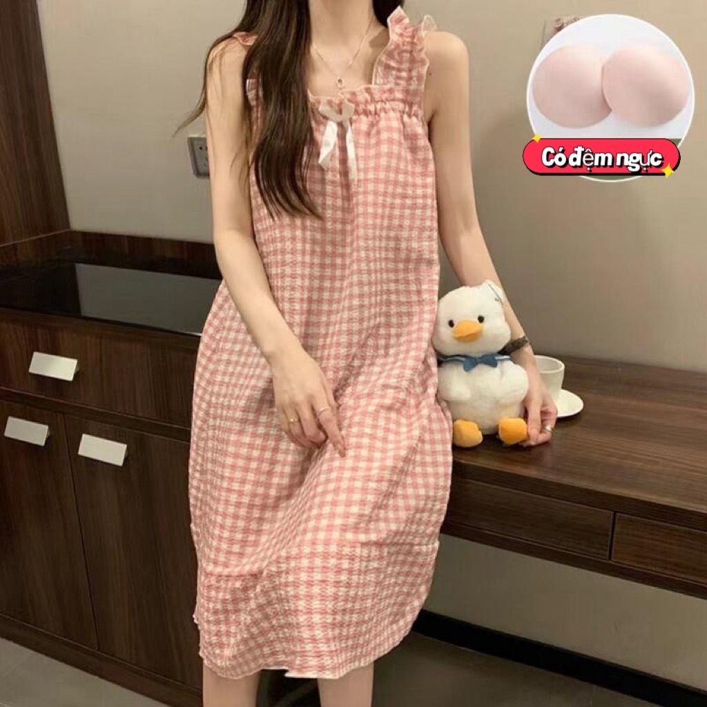 【Có độn ngực】Đầm ngủ nữ phong cách Hàn Quốc dễ thương mới xuân hè 2026: Áo dây quai in hình hoạt hình xinh xắn, cotton mát dáng rộng, có cúp ngực tháo rời【mặc nhà hay dạo phố đều đẹp, tiện lợi】