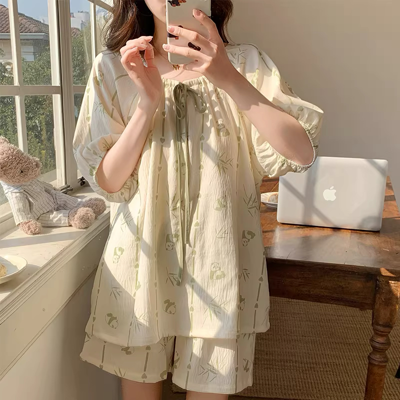 【Cotton mỏng mùa hè】Bộ đồ ngủ mặc nhà tay ngắn quần ngắn phong cách thoải mái tươi mát