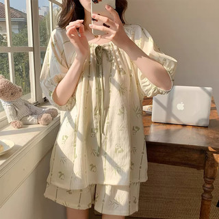 【Bộ đồ ngủ nữ cotton mới】Hè ngắn tay quần short cột dây - Dáng rộng thoải mái, thon gọn