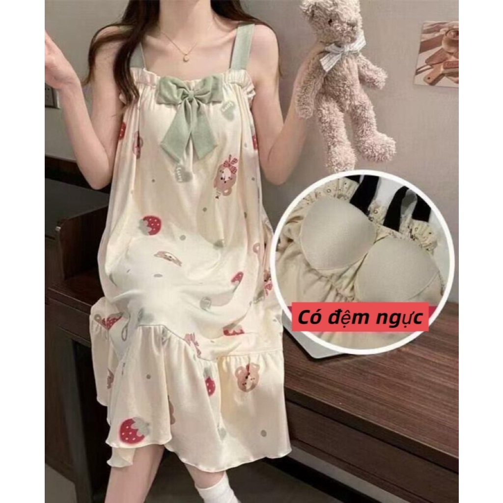 【Có độn ngực】Đầm ngủ nữ phong cách tươi mát dễ thương mới xuân hè 2026: Áo dây quai cotton mát in hình hoạt hình ngọt ngào, thiết kế rộng rãi thoải mái【mặc nhà hay dạo phố đều đẹp】