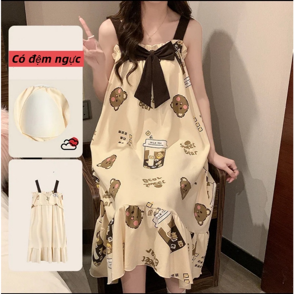【Có độn ngực】Đầm ngủ nữ phong cách tươi mát dễ thương mới xuân hè 2026: Áo dây quai cotton mát in hình hoạt hình ngọt ngào, thiết kế rộng rãi thoải mái【mặc nhà hay dạo phố đều đẹp】