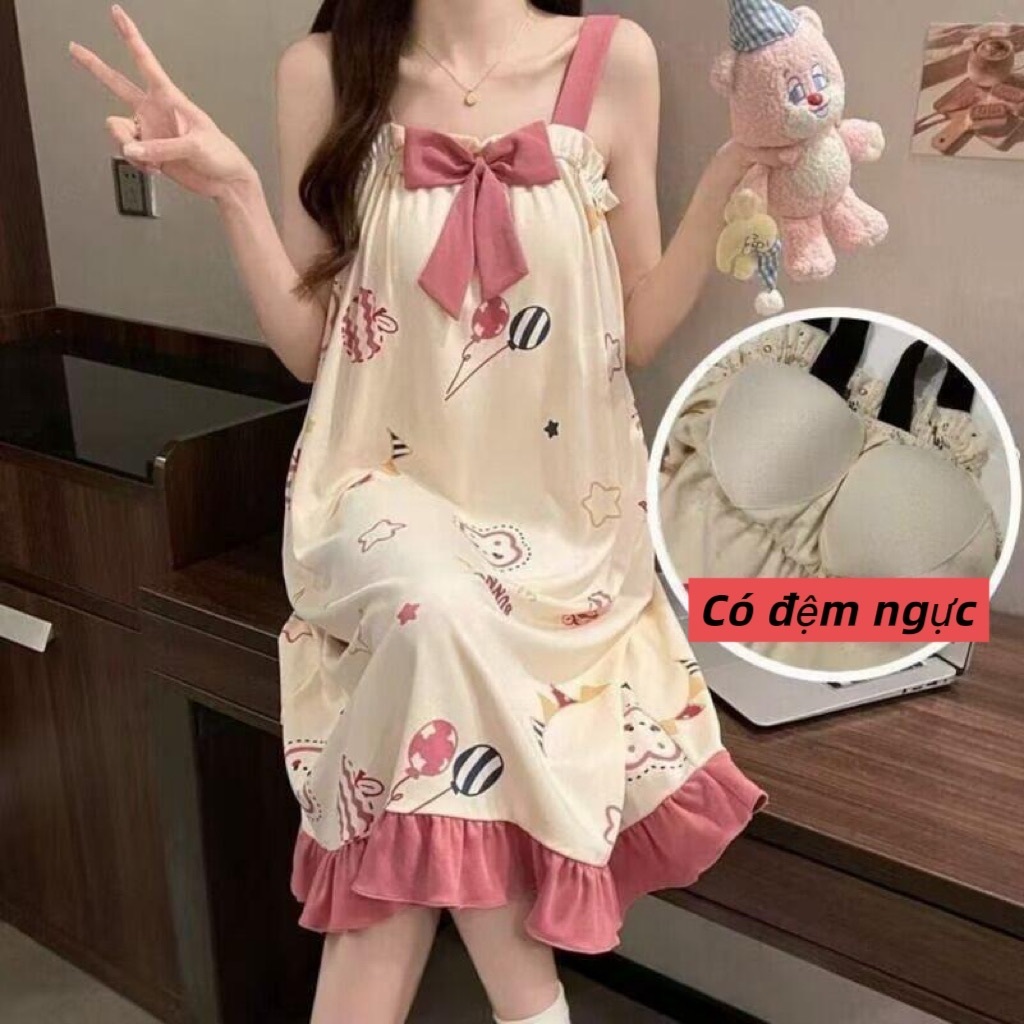 【Có độn ngực】Đầm ngủ nữ phong cách tươi mát dễ thương mới xuân hè 2026: Áo dây quai cotton mát in hình hoạt hình ngọt ngào, thiết kế rộng rãi thoải mái【mặc nhà hay dạo phố đều đẹp】