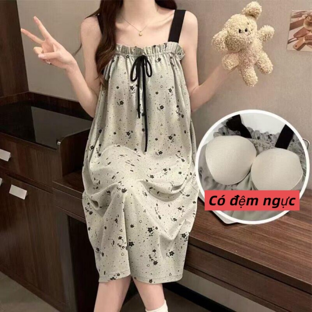 【Có độn ngực】Đầm ngủ nữ phong cách tươi mát dễ thương mới xuân hè 2026: Áo dây quai cotton mát in hình hoạt hình ngọt ngào, thiết kế rộng rãi thoải mái【mặc nhà hay dạo phố đều đẹp】