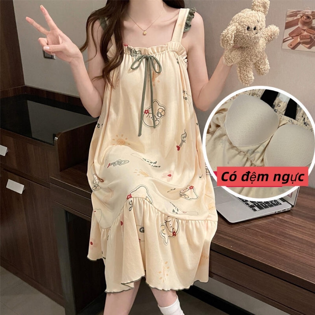 【Có độn ngực】Đầm ngủ nữ phong cách tươi mát dễ thương mới xuân hè 2026: Áo dây quai cotton mát in hình hoạt hình ngọt ngào, thiết kế rộng rãi thoải mái【mặc nhà hay dạo phố đều đẹp】
