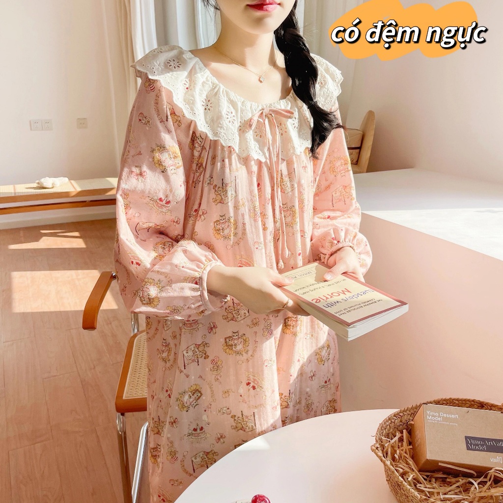 Bộ đồ ngủ nữ dễ thương mới thu xuân 2026: Áo cổ bẻ viền ren + quần cotton mát, in hình ngọt ngào【mặc nhà hay dạo phố đều đẹp】