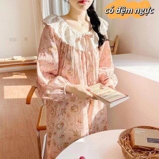 【Chất liệu cotton mềm mại như mây có đệm ngực】Đầm ngủ mùa hè tay ngắn/dài mặc nhà viền ren dễ thương thời trang
